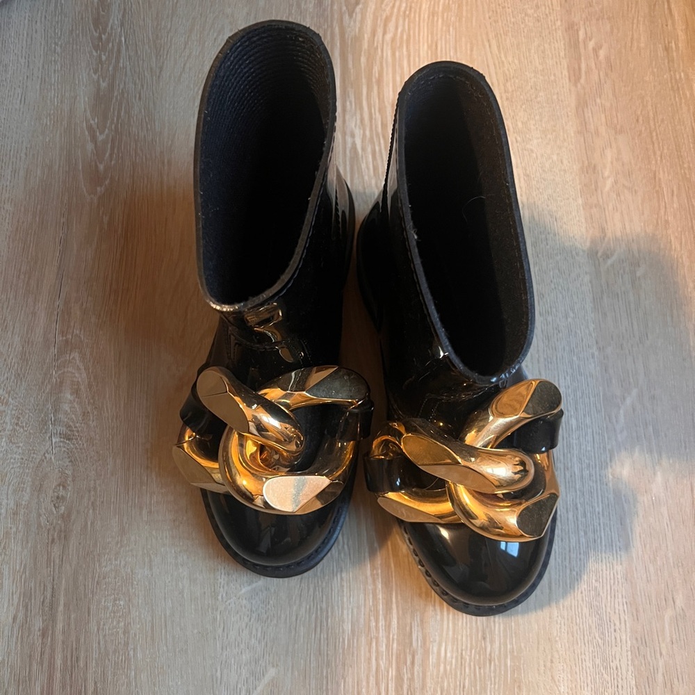 Women’s Black Patent Ankle Boots with Gold Chain Accent